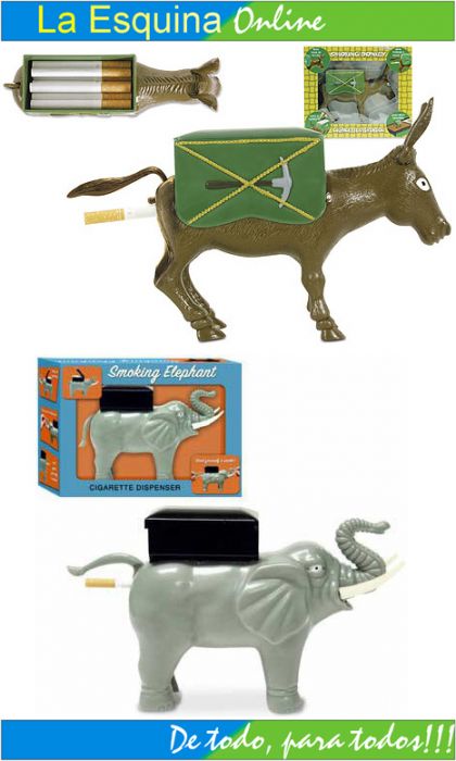 Dispensador de cigarrillos en forma de burro y elefante.