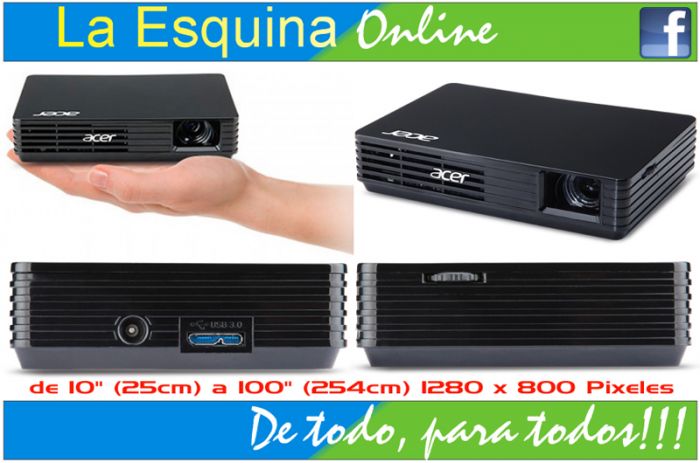 Mini Proyector Portatil Acer C120 de bolsillo de hasta 100”, Sin AC Adapter. Funciona con solo conectarlo a un puerto USB de tu laptop.