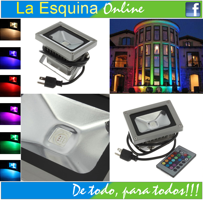 Reflector  led multicolor de 10W RGB a control remoto y semi acuático, para exterior.
