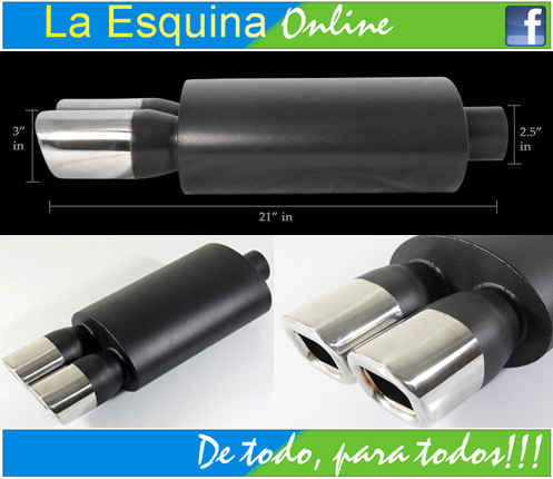 Silenciador universal color negro de 3", punta cuadrada DUAL 2.5"